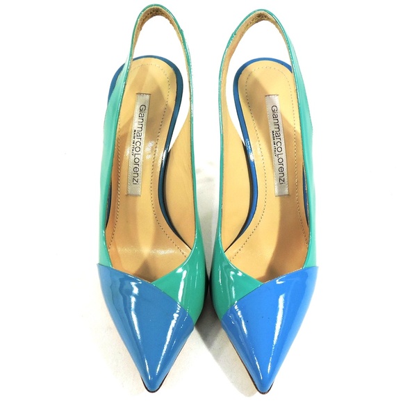 GIANMARCO LORENZI 🇮🇹 WOMEN'S BLUE & GREEN PATENT LEATHER FASHION SANDALS - Picture 5 of 10